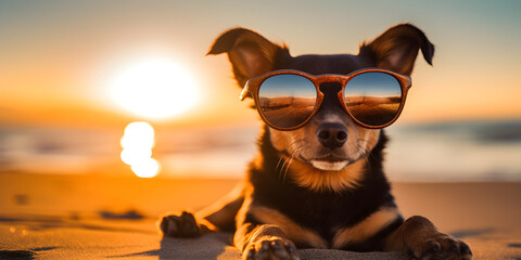 A dog on beach wearing glasses,is on summer vacation at seaside resort and relaxing on summer beach,Cute dog in sunglasses funny pet summer background - obrazy, fototapety, plakaty