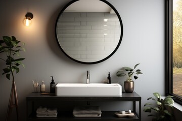 The mirror above the washbasin in the bathroom is round with a black frame. Generative AI. - Powered by Adobe