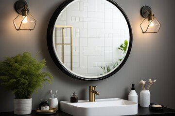 The mirror above the washbasin in the bathroom is round with a black frame. Generative AI.