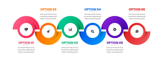 Vector Business Infographic Template with Circle Label, Icon and 6 Options. Suitable for Process Diagram, Presentations, Workflow Layout, Banner, Flow Chart, Infographic