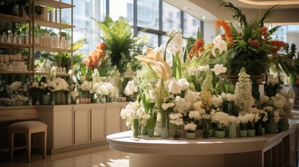 Fototapeta na wymiar Elegant florist shop, A haven of natural beauty within a bustling shopping center. Generative AI.