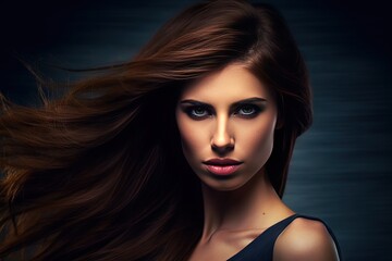 Fototapeta premium background dark hair straight woman Young fashion model beauty beautiful brown sensuality human face portrait elegance coiffure closeup caucasian studio shot individuality adult 20s people indoor