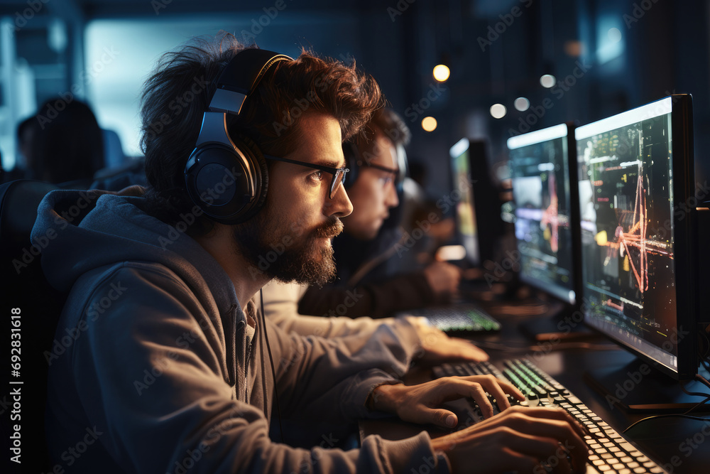 Poster professional animator working on a computer wearing a headset while on a zoom call, in a studio coor
