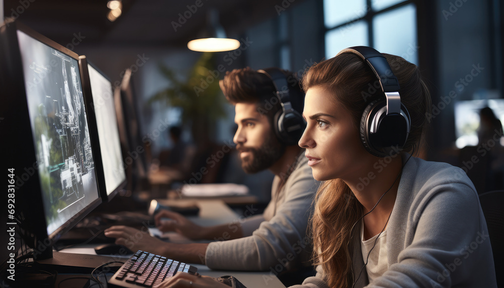 Aufkleber professional animator working on a computer wearing a headset while on a zoom call, in a studio coor