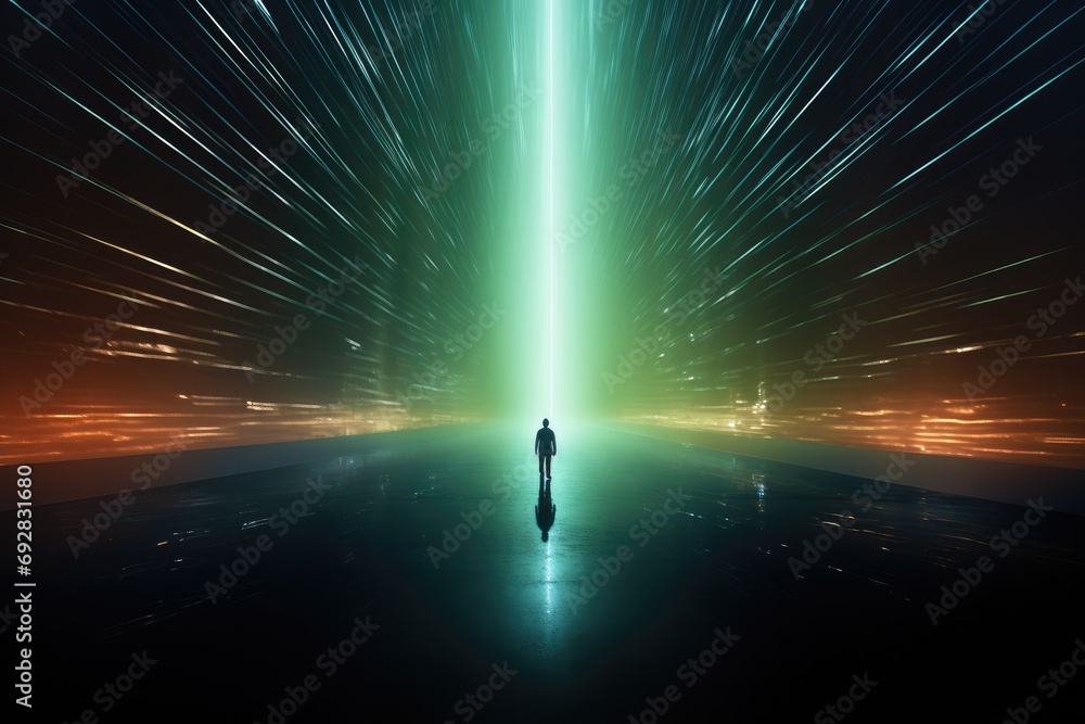 Poster a person walking across a blurry light tunnel of a bright beam. generative ai.