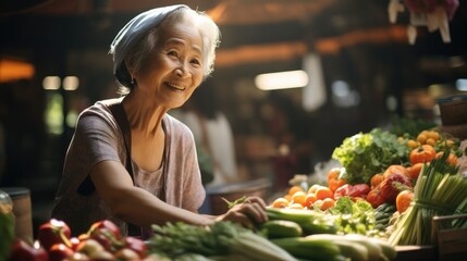 Asian senior woman selling her fruits and vegetables. Generative AI.