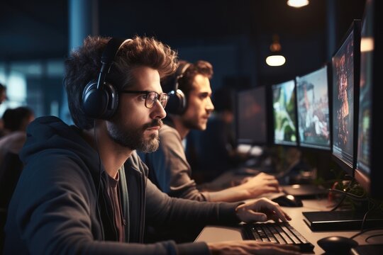 Professional animator working on a computer wearing a headset while on a zoom call, in a studio coordinating with a coworker. Generative AI.