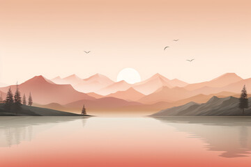 Minimalist  peach fuzz mountain range with a tranquil lake below - obrazy, fototapety, plakaty