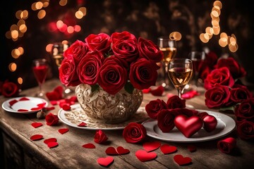 Romantic Valentine’s Day Celebration with Red Roses and Heart Decorations on Wooden Table