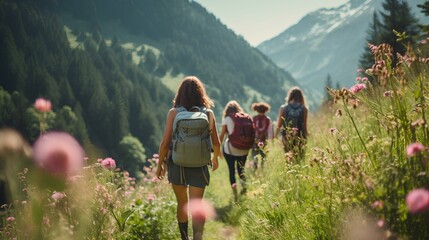 a pleasant summer hike, happy teenage girls walking along a mountain path colored with wildflowers with friends. A beautiful forest landscape. generative AI - Powered by Adobe