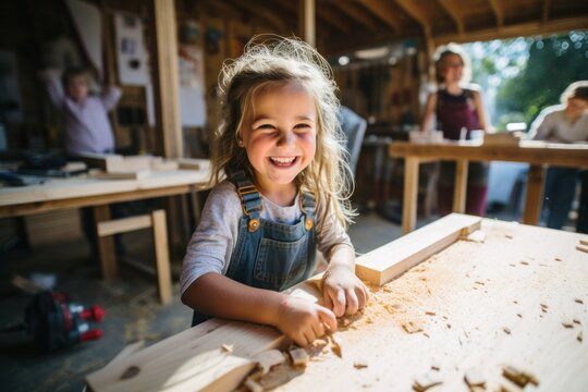 Joyful Young Girl Woodworking in a Sunlit Workshop
