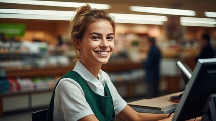 A happy young female supermarket cashier is sitting at the supermarket checkout talking to a customer. Generative AI.