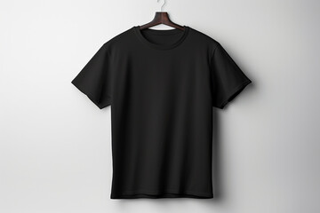 Black color t shirt hanged on hanger with clean backdrop generative by ai - obrazy, fototapety, plakaty