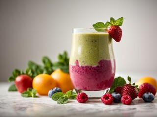 vibrant fruit smoothie in a tall glass and garnished with a sprig of fresh mint