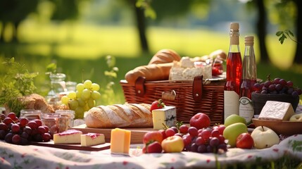 salad outside picnic food illustration fruit cheese, crackers chips, grilled kebabs salad outside...