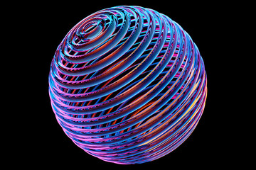 3D illustration of a colorful  sphere with many faces and holes on a black background. Cyber ball...