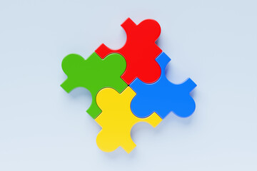 Connecting puzzle pieces on a white background, solving business success. 3D illustration.