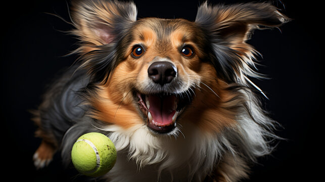 Sheltie jumping after a tennis ball generated AI