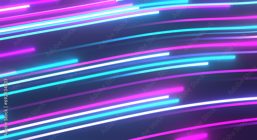 Wall mural cycled 3d animation. abstract background with ascending colorful neon lines, glowing trails looped a