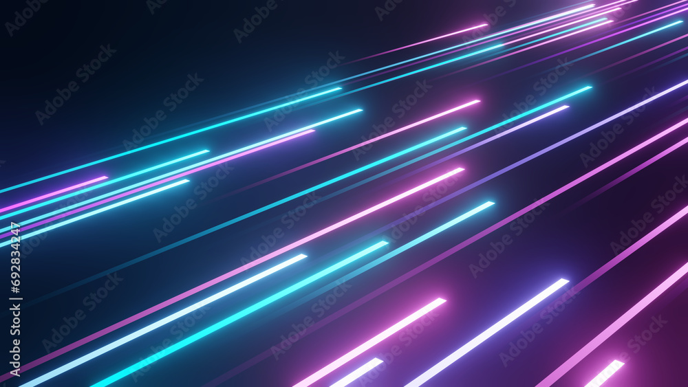 Wall mural cycled 3d animation. abstract background with ascending colorful neon lines, glowing trails looped a