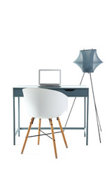 Stylish workplace with modern laptop and lamp on white background