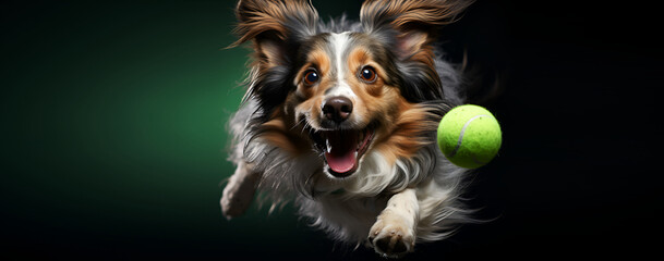 Naklejka premium Sheltie jumping after a tennis ball generated AI