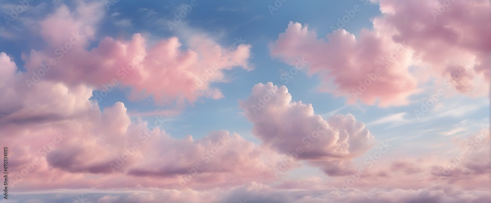 Wall mural beautiful background image of a romantic blue sky with soft fluffy pink clouds. panoramic natural vi