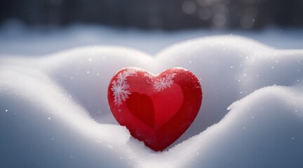 red crystal heart in snow, bokeh background, illuminated by the sun