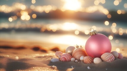 pink christmas ball decoration on the beach - obrazy, fototapety, plakaty