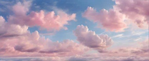 Poster Beautiful background image of a romantic blue sky with soft fluffy pink clouds. Panoramic natural view of a dreamy sky. © Mariana