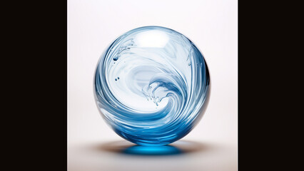 A colorless sphere with a high contrast blue wave of water inside. With a studio lighting ambiance and a white background