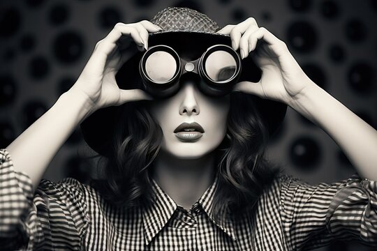 style color white black Image 1980s Clothes binoculars girl Young vogue search beautiful right adult funny background modern feminism earphones fun view shirt trend female hipster music caucasian