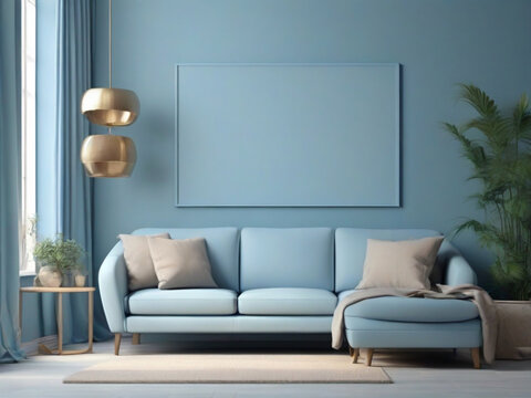  Blank-poster-in-blue-living-room-background,-3d-illustration
