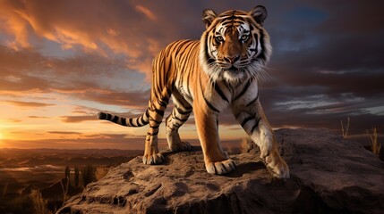 An adult Bengal tiger. large siberian tiger licking. A solitary adult Bengal tiger with a beautiful sunset sky in the background.