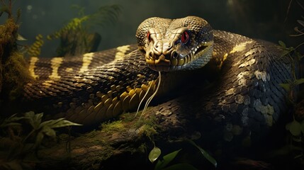 Big snake. Close-up aggressive snake with open mouth, dangerous reptile predator in jungle. Huge snake in the forest. Python in the jungle.