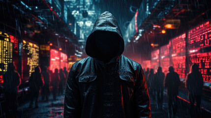 A man with a hood on his head hides his face and stands on a street of a big city at night - obrazy, fototapety, plakaty
