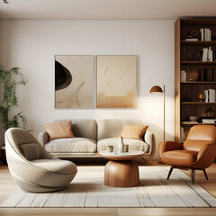 interior of living room with sofa, picture frame, lamp, flower vase