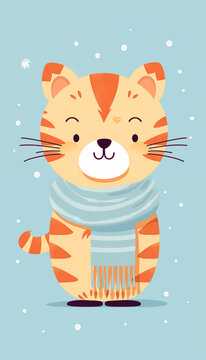 Ilustração fofa e infantil de um tigre com cachecol de inverno - Papel de parede