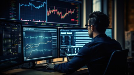 Finance trade manager analyzing stock market indicators for best investment strategy, financial data and charts, digital with multiple monitor background.