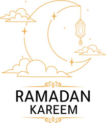 Crescent moon with hanging lantern and clouds in golden line art style vector illustration. Concept of Ramadan Kareem, Eid, Mubarak. Islamic holy month