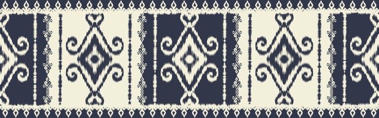Ikat blue-white color ethnic textile border pattern. Illustration ikat aztec geometric shape seamless pattern. Ikat ethnic pattern use for border, table runner, tablecloth, carpet, area rugs, etc.