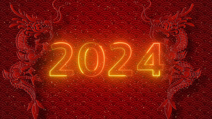 Countdown Happy Chinese New Year 2024, Year of the Dragon, Lunar New Year, Spring Festival decoration background featuring Oriental ornamental elements. Zodiac sign Dragon. Chinese neon text