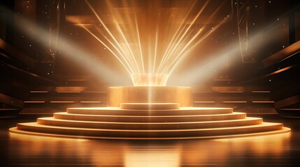 Podium with golden light lamps background. Golden light award stage with rays and sparks. Gold lights rays scene background. Copy space for text.