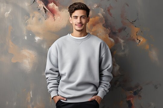 background wall gray textured isolated sweatshirt oversized man Young model male casual attire blank guy mock fashion wear body template up people front fit person cotton oversize hipster space