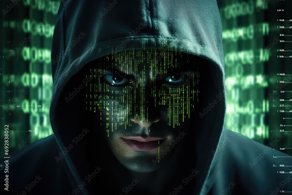 Poster Mysterious face of anonymous hacker with Computer bug on it veiled in mesmerizing array of luminous green program code. Generative AI.