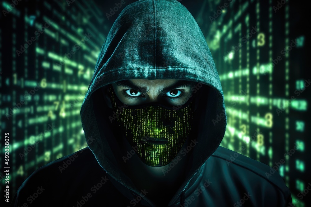 Fototapete Mysterious face of anonymous hacker with Computer bug on it veiled in mesmerizing array of luminous green program code. Generative AI.