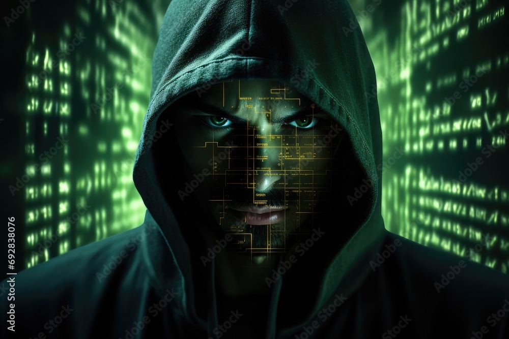 Leinwandbilder Mysterious face of anonymous hacker with Computer bug on it veiled in mesmerizing array of luminous green program code. Generative AI.