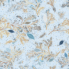 A seamless botanical pattern with delicate branches and dotted accents in soft blues and neutral tones on a light blue background. - 692838024