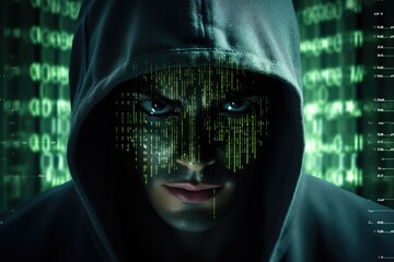 Mysterious face of anonymous hacker with Computer bug on it veiled in mesmerizing array of luminous green program code. Generative AI.