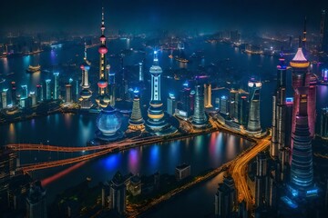 shanghai citycape at night, china